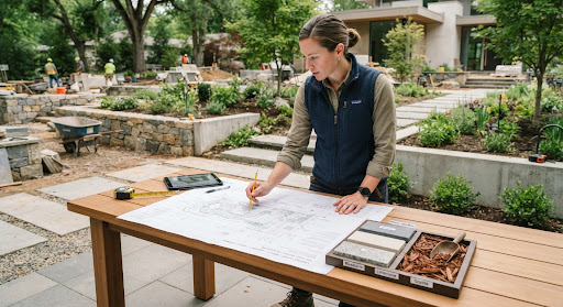 Landscape architect reviewing plans on site